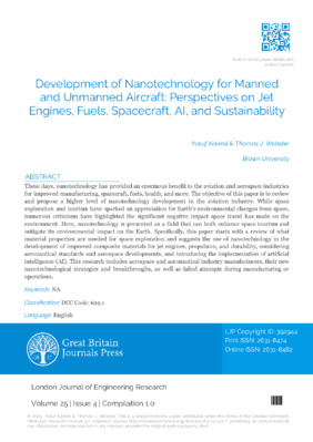 Development of Nanotechnology for Manned and unmanned Aircraft: Perspectives on Jet Engines, Fuels, spacecraft, AI, and Sustainability