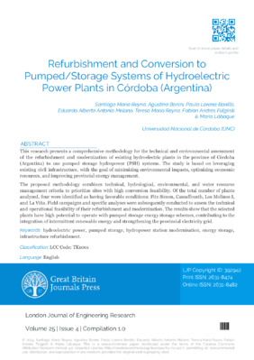 Refurbishment and Conversion to Pumped/Storage Systems of Hydroelectric Power Plants in C????ba (Argentina)