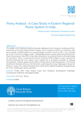 Prony Analysis -A Case Study in Eastern Regional Power System in India