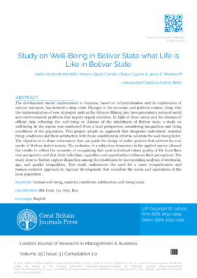 Study on Well-Being in Bolívar State What Life is Like in Bolívar State
