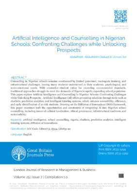 Artificial Intelligence and Counselling in Nigerian Schools: Confronting Challenges while Unlocking Prospects