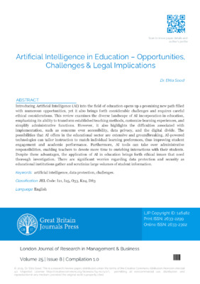 Artificial Intelligence in Education – Opportunities, Challenges & Legal Implications