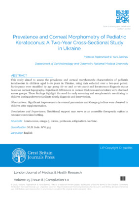 Prevalence and Corneal Morphometry of Pediatric Keratoconus: A Two-Year Cross-Sectional Study in Ukraine