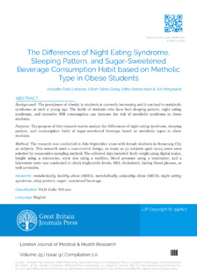 The Differences of Night Eating Syndrome, Sleeping Pattern, and Sugar-Sweetened Beverage Consumption Habit based on Metholic Type in Obese Students