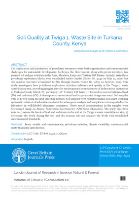 Soil Quality at Twiga 1, Waste Site in Turkana County