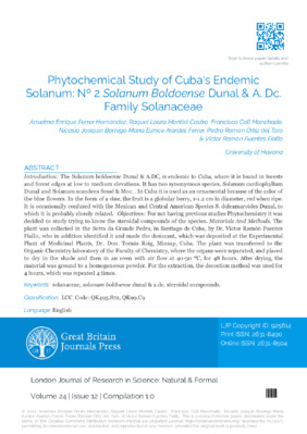 Phytochemical Study of Cuba's Endemic Solanum: Nº 2 Solanum Boldoense Dunal & A. Dc. Family Solanaceae