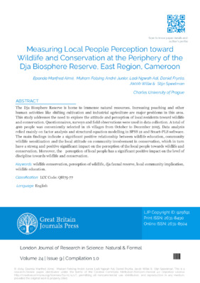 Measuring Local People Perception Toward Wildlife and Conservation at the Periphery of the Dja Biosphere Reserve, East Region, Cameroon