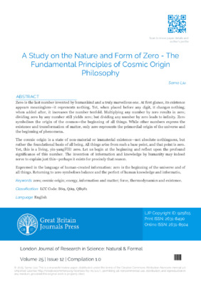 A Study on the Nature and Form of Zero - The Fundamental Principles of Cosmic Origin Philosophy