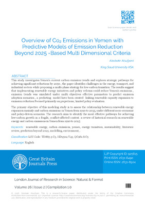 Overview of Co₂ Emissions in Yemen with Predictive Models of Emission Reduction Beyond 2025-based Multi Dimensional Criteria