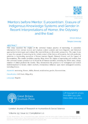 Mentors before Mentor: Eurocentrism, Erasure of Indigenous Knowledge Systems, and Gender in Recent Interpretations of Homer, the Odyssey, and the Iliad
