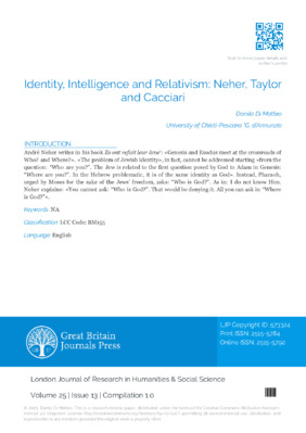 Identity, Intelligence and Relativism: Neher, Taylor, and Cacciari