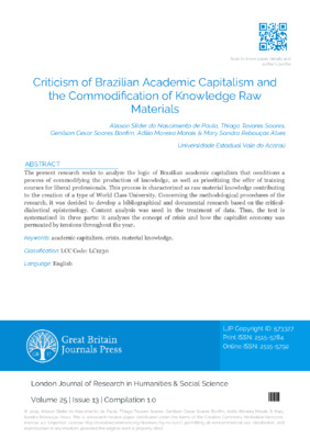 Criticism of Brazilian Academic Capitalism and the Commodification of Knowledge Raw Materials