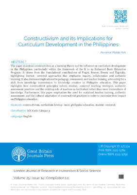 Constructivism and Its Implications for Curriculum Development in the Philippines
