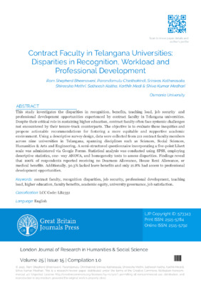 Contract Faculty in Telangana Universities: Disparities in Recognition, Workload and Professional Development