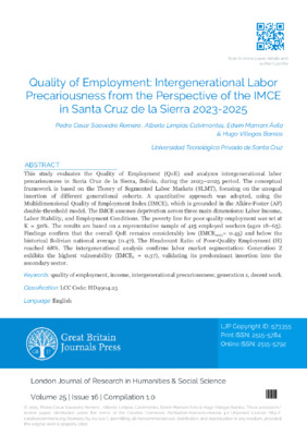 Quality of Employment: Intergenerational Labor Precariousness from the Perspective of the IMCE in Santa Cruz De La Sierra 2023 – 2025
