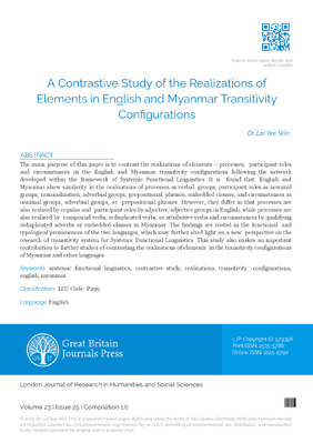 A Contrastive Study of the Realizations of Elements in English and Myanmar Transitivity Configurations