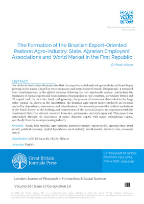 The Formation of the Brazilian Export-Oriented Pastoral Agro-Industry: State, Agrarian Employers’ Associations, and World Market in the First Republic