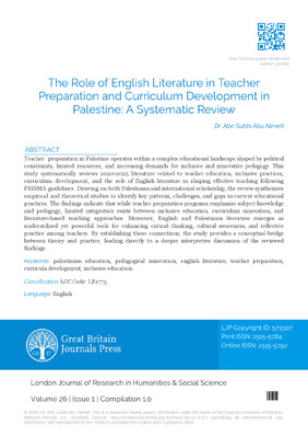 The Role of English Literature in Teacher Preparation and Curriculum Development in Palestine: A Systematic Review